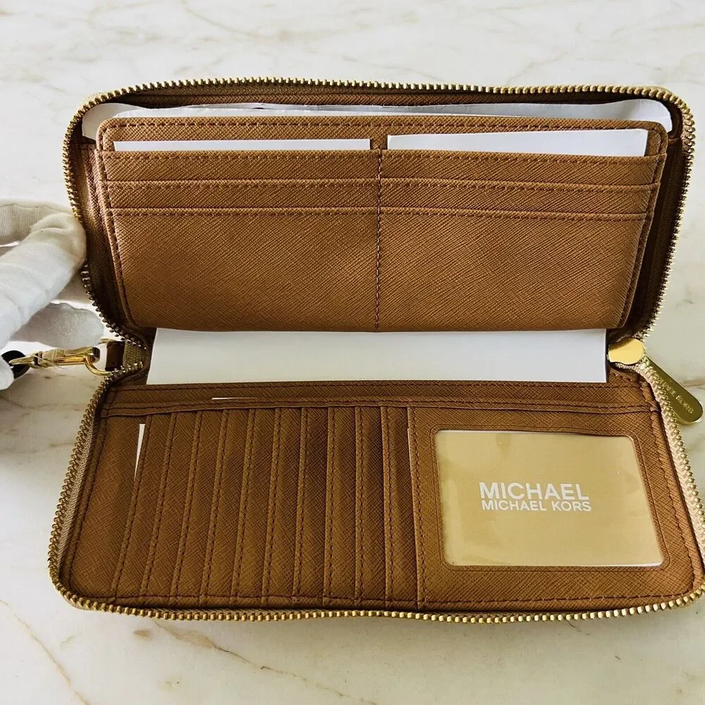 MICHAEL KORS Jet Set Camel Gold Logo Travel Continental Zip Wallet Wristlet